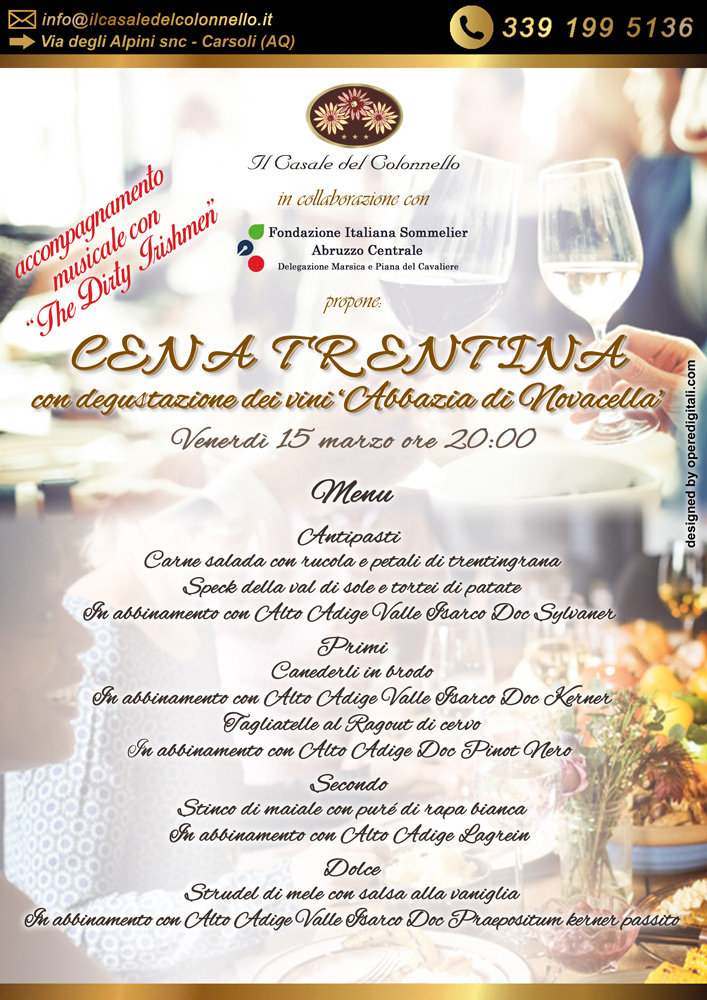 "Cena Trentina" con i migliori vini dell'Abbazia Novacelli, marzo 2019