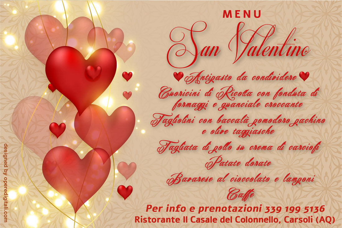 Menu di San Valentino del ristorante Il Casale del Colonnello, Carsoli (AQ)